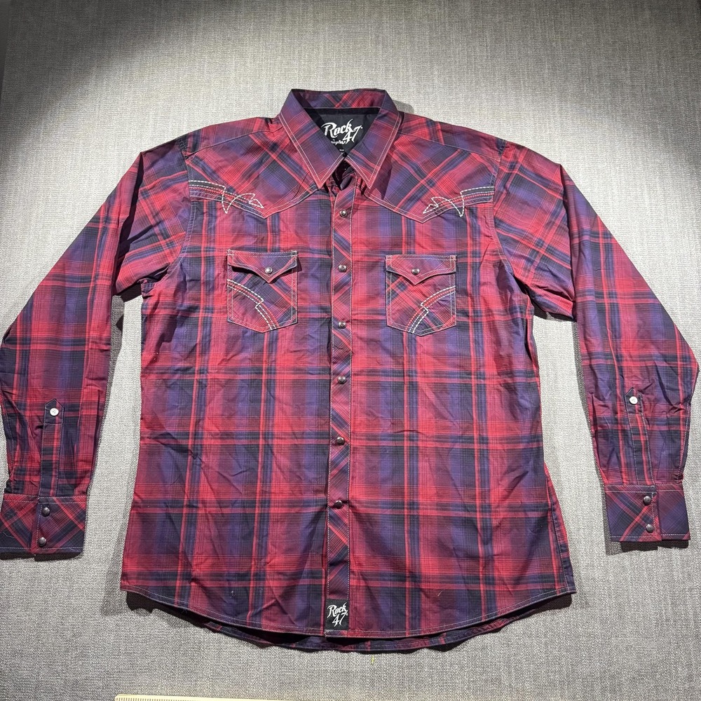 Rock‎ 47 By Wrangler Shirt Mens 2XL Red Plaid Western Pearl Snap Long Sleeve